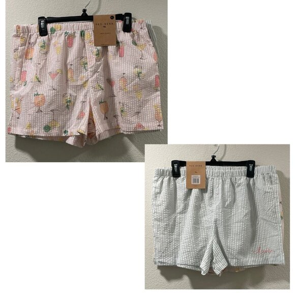RAE DUNN (NWT) "Cheers" Set of 2 Woven Boxer Sleep Shorts, Pink/Sage - XL - Picture 1 of 12